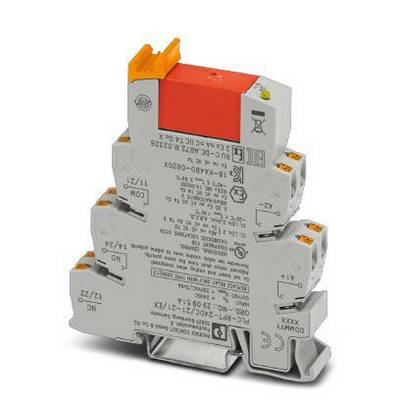 Un composant électronique gris avec des connexions orange et grises, probablement un relais ou un interrupteur, portant des spécifications techniques imprimées.