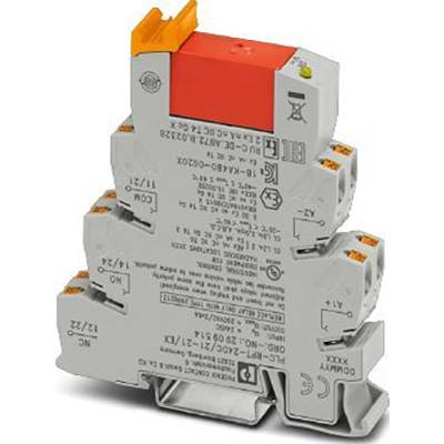 Un composant électrique gris rectangulaire avec plusieurs bornes et étiquettes. Un levier rouge et des bornes orange sont particulièrement remarquables.