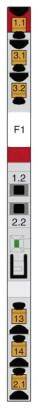 Une barrette électrique avec différentes prises de courant, équipée d'interrupteurs et d'étiquettes portant les mentions « F1 », « 1.2 », « 2.2 ».