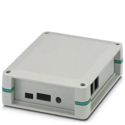 Un boîtier rectangulaire en plastique gris avec des coins arrondis et des lignes vertes, adapté aux appareils électroniques ou aux systèmes de commande.