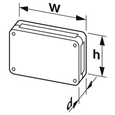 Dessin d'un boîtier rectangulaire avec les dimensions largeur (w), hauteur (h) et profondeur (d), toutes marquées par des doubles flèches.