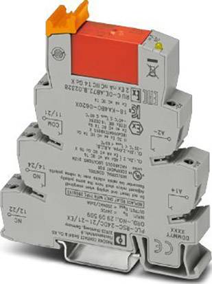'Dispositif de protection contre les surtensions avec insert orange et rouge, différentes connexions et marquages de sécurité. Marquages sur la surface.'