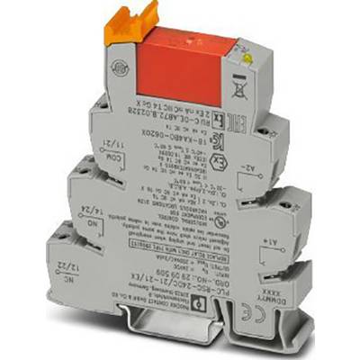 'Dispositif de protection contre les surtensions avec insert orange et rouge, différentes connexions et marquages de sécurité. Marquages sur la surface.'