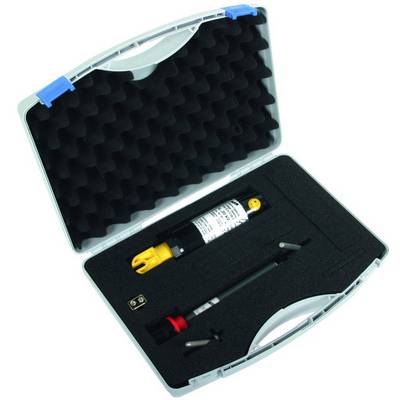 Une mallette en plastique ouverte avec un intérieur en mousse contient un appareil de mesure doté d'un capteur jaune et ses accessoires. L'instrument est sans inscription.
