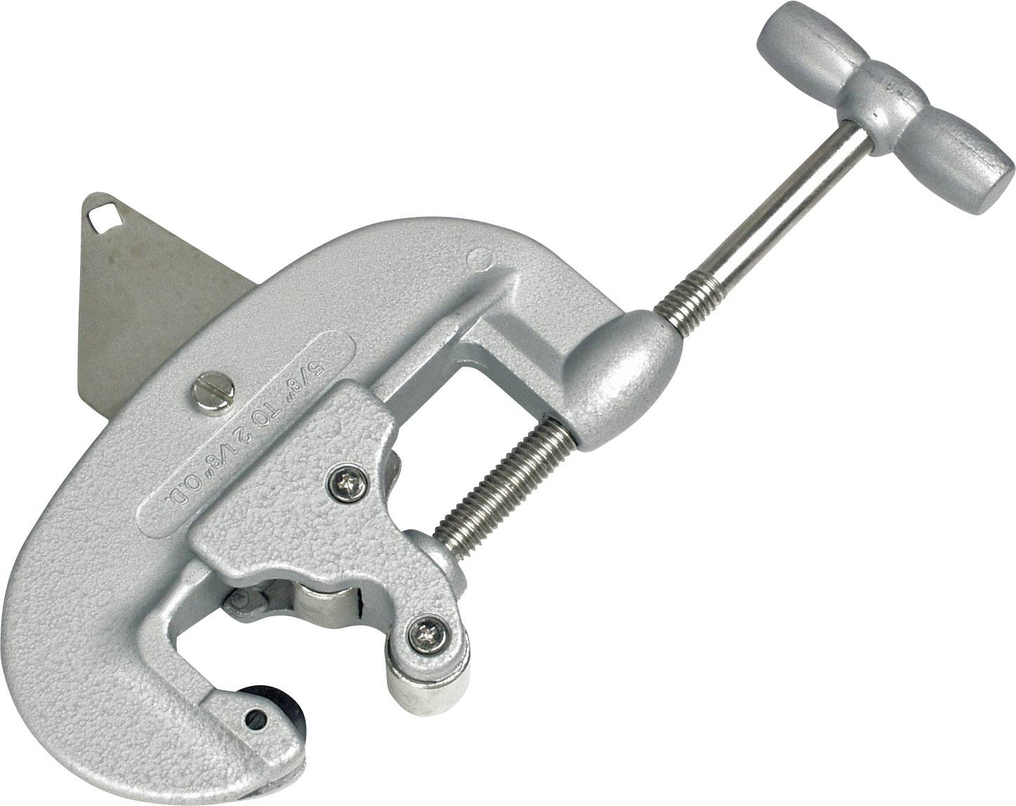 Un outil de coupe de tuyaux en métal argenté doté d'une surface de poignée rotative et d'un mécanisme de coupe, conçu pour le traitement des tuyaux.