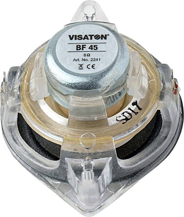 Haut-parleur Visaton BF 45 8Ω vu de dessus, dans un boîtier transparent, montrant la conception compacte d'un petit haut-parleur.
