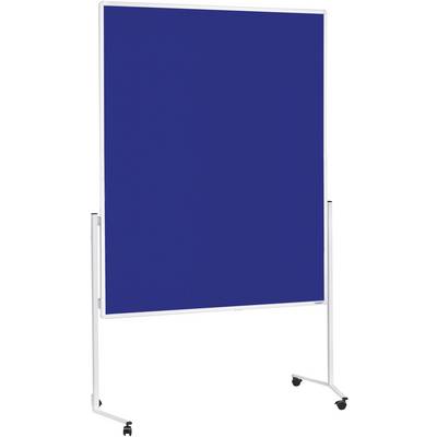 Un tableau bleu sur un support blanc à roulettes, utilisé pour les présentations ou l'organisation de notes.