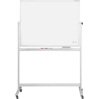 Un tableau blanc vierge sur un support mobile, avec des marqueurs de différentes couleurs posés en dessous.