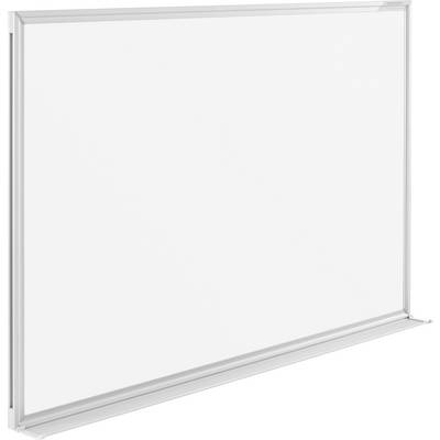 Tableau blanc vierge avec cadre en aluminium et bac, présenté sous un léger angle sur fond blanc.