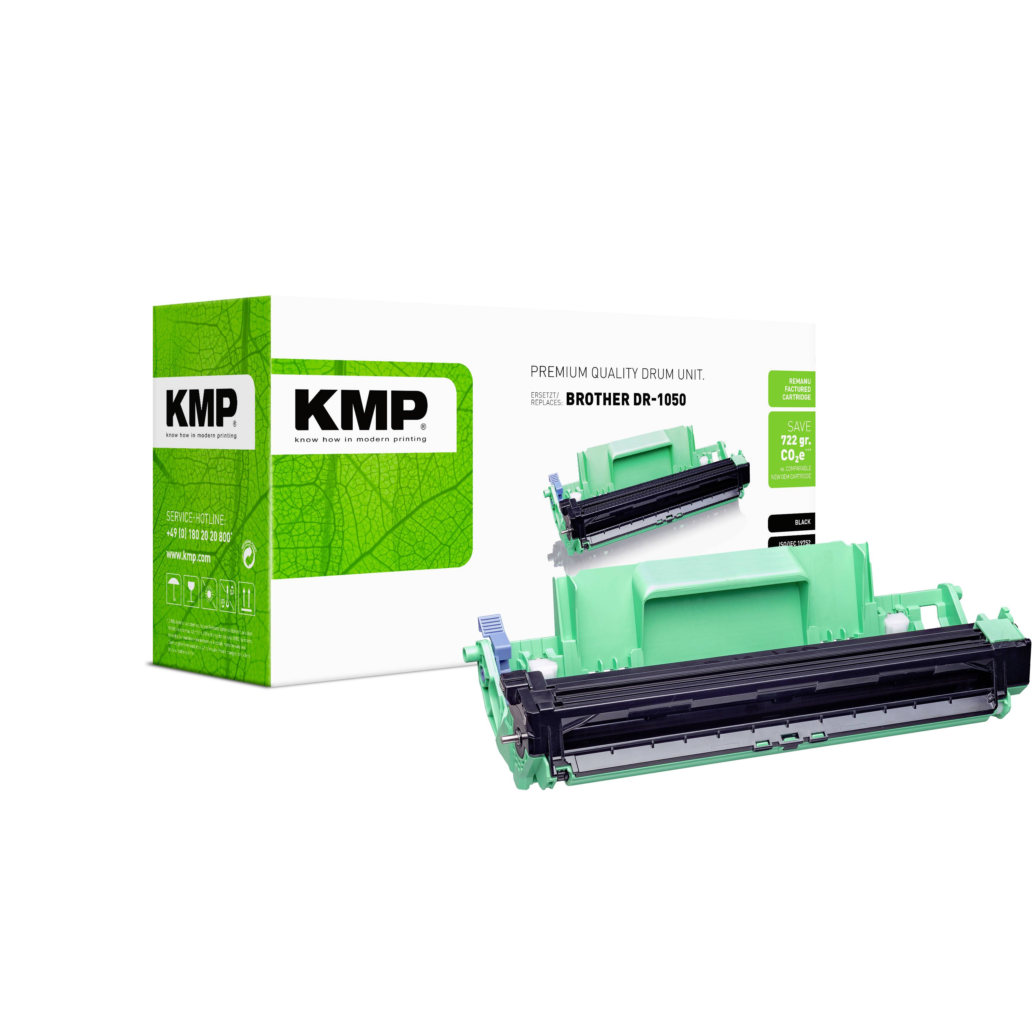 Unité de tambour de qualité premium KMP pour l'imprimante Brother DR-1050, présentée avec sa boîte de produit et le tambour de toner vert sur fond blanc.