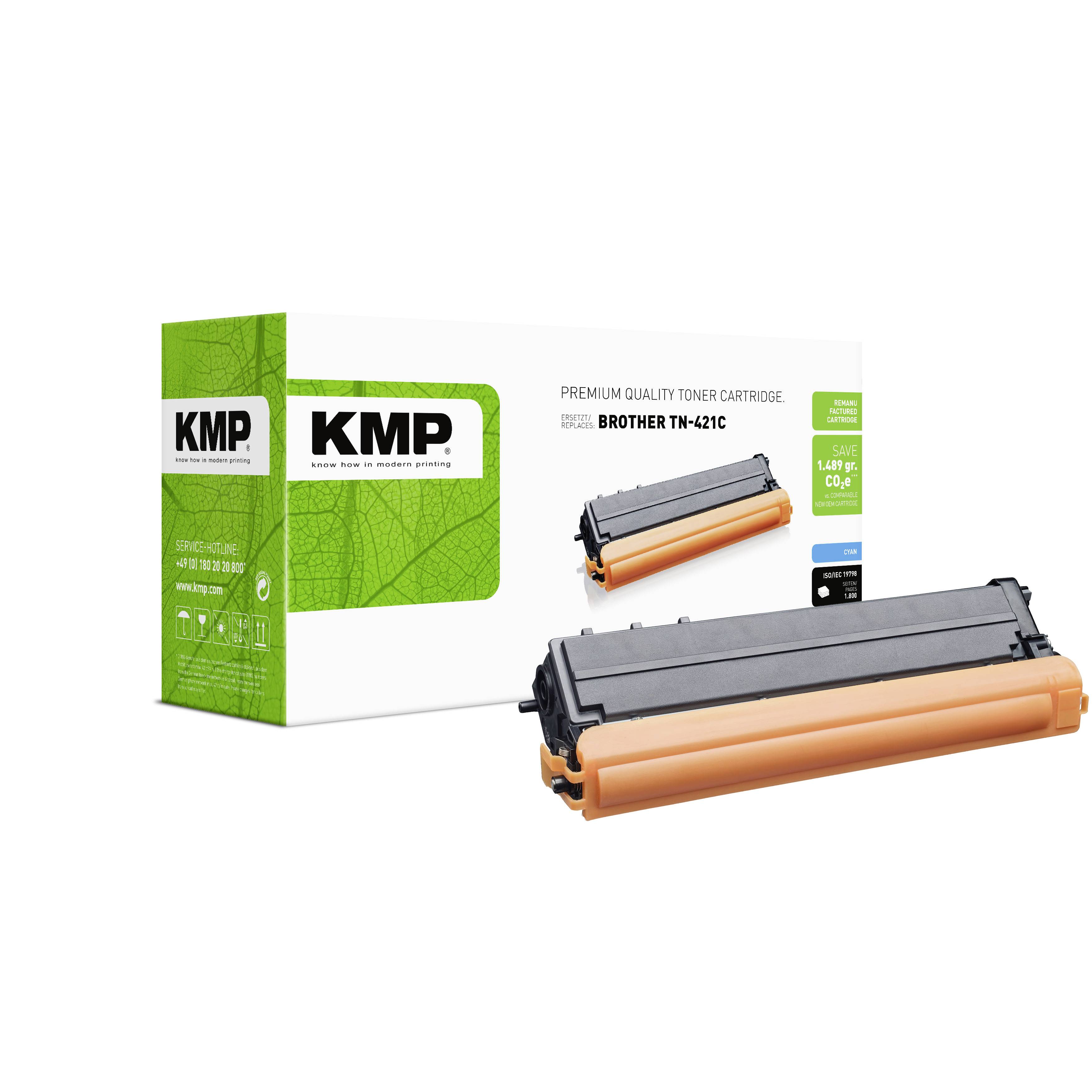 Cartouche de toner KMP de qualité supérieure pour Brother TN-421C, présentée avec sa boîte de vente au détail vert et blanc et l'unité de toner noir et orange.