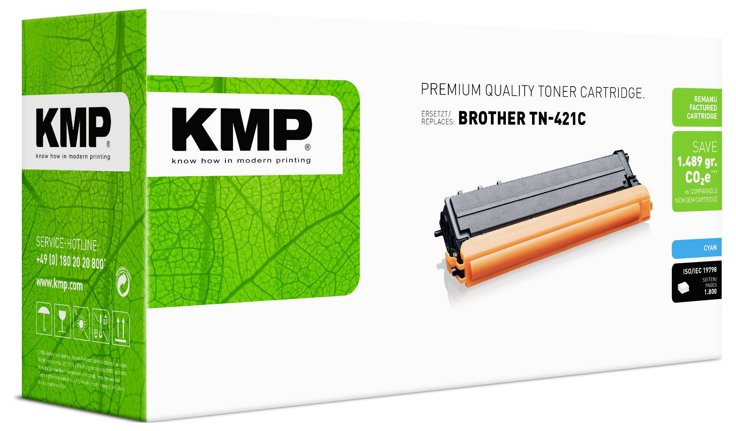 Cartouche de toner KMP de qualité premium pour Brother TN-421C, présentée avec une cartouche orange-noir et un design de boîte verte.