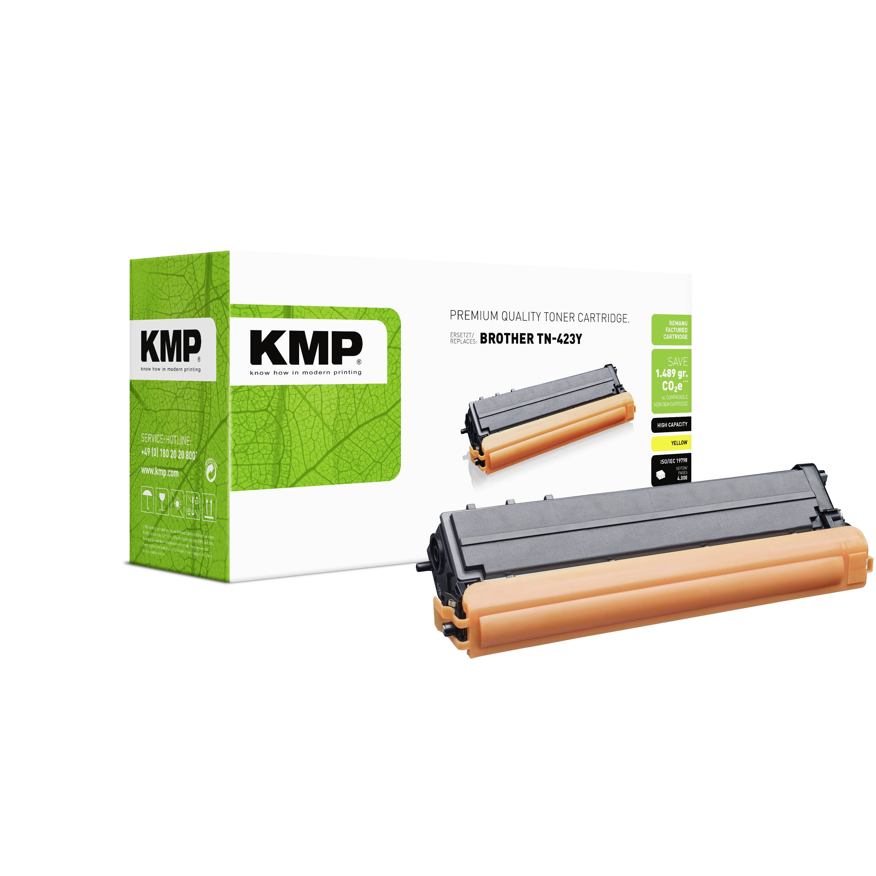 Cartouche de toner de qualité premium KMP pour Brother TN-423Y, présentée avec son emballage et l'unité de toner jaune sur un fond blanc.