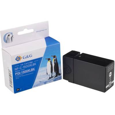 Cartouche d'encre G&G NP-C-1500XLBK pour modèles PGI-1500XL, réservoir d'encre noir, emballage illustré de pingouins et du logo de la marque.