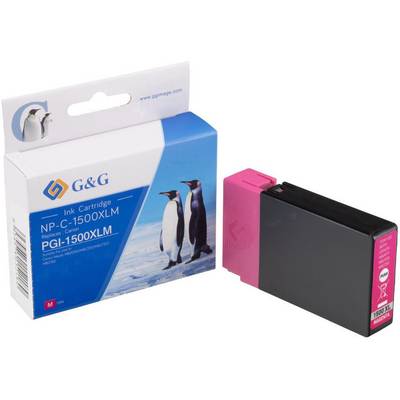 Cartouche d'encre G&G NP-C-1500XLM en rose à côté de son emballage avec un motif de pingouin. Conçue pour les modèles utilisant PGI-1500XLM.