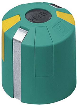 Bouton cylindrique vert avec des marques jaunes et une bande argentée, inscription 'Top' visible. Design principalement industriel.