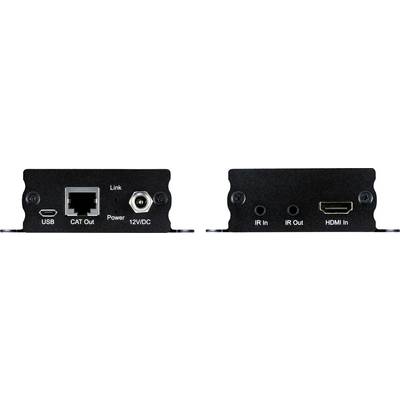 Vue arrière d'un appareil : À gauche, connecteurs USB, CAT Out et alimentation ; à droite, connecteurs IR In, IR Out et HDMI In.