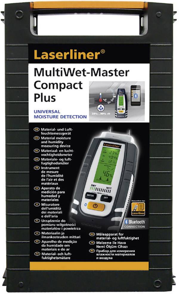 Une valise noire avec une image d'un appareil de mesure laser sur l'étiquette. Texte : 'Laserliner MultiWet-Master Compact Plus Détection Universelle d'Humidité'.