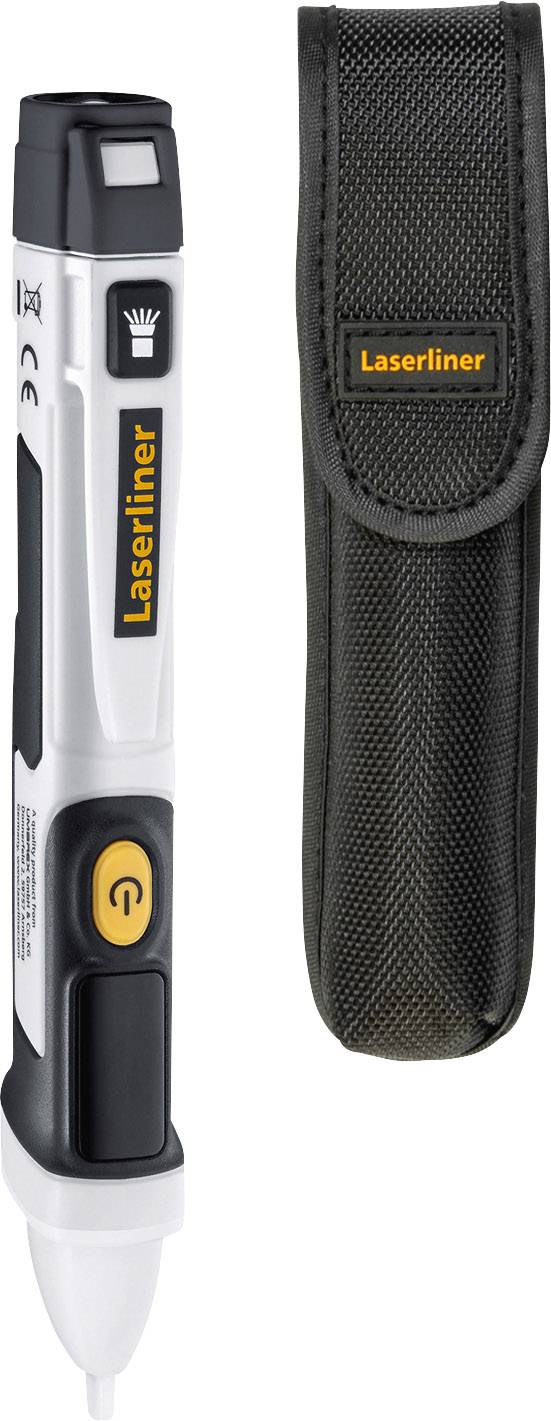 Un testeur de tension sans contact de Laserliner avec sa pochette de protection noire. Idéal pour détecter les tensions électriques.