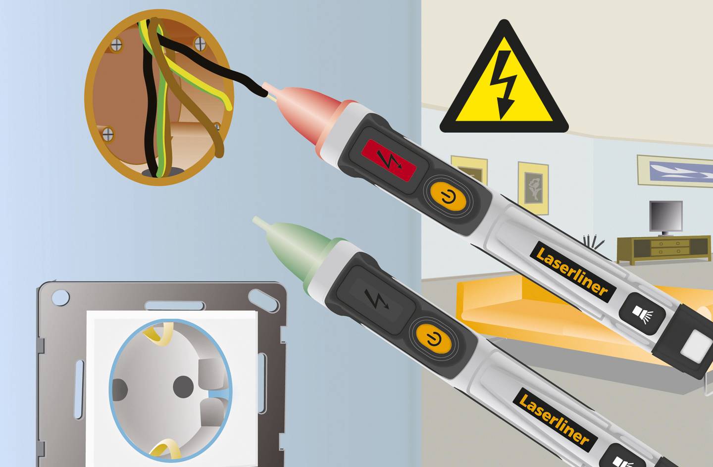 'Deux testeurs de tension vérifient des lignes électriques dans une prise. Un panneau d'avertissement de choc électrique est visible en arrière-plan.'