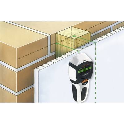 Un appareil de mesure numérique indique la position d'une poutre derrière un mur, marquée par une ligne verte.