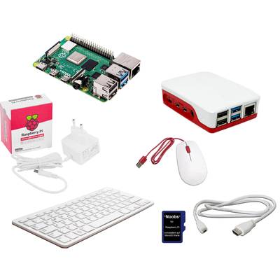 Un kit Raspberry Pi comprenant la carte mère, le boîtier, l'alimentation, la souris, le clavier, un câble HDMI et une carte MicroSD.
