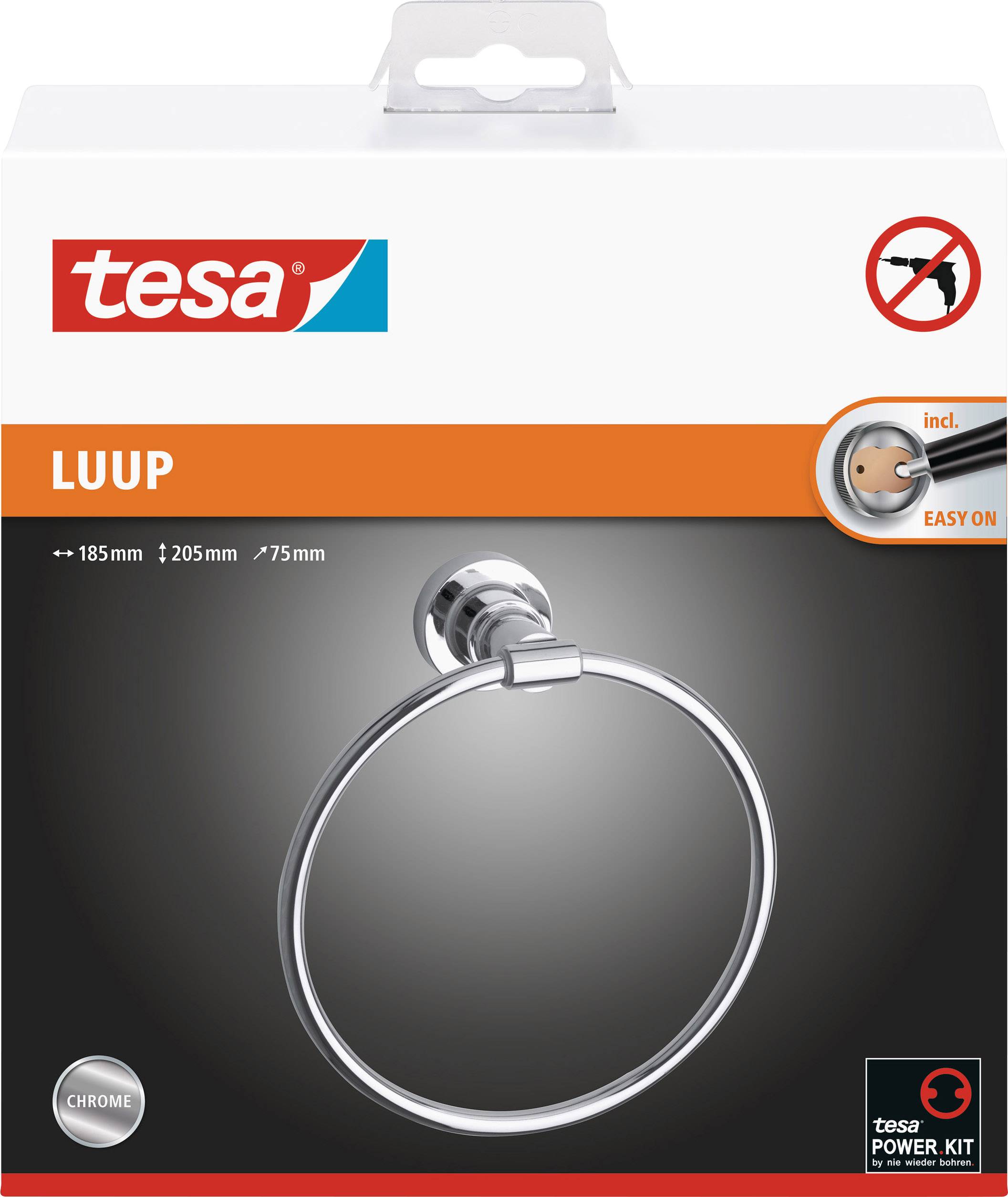 Emballage pour un anneau porte-serviettes Tesa 'LUUP' en chrome, kit de fixation inclus. Dimensions : 185 mm x 205 mm x 75 mm.