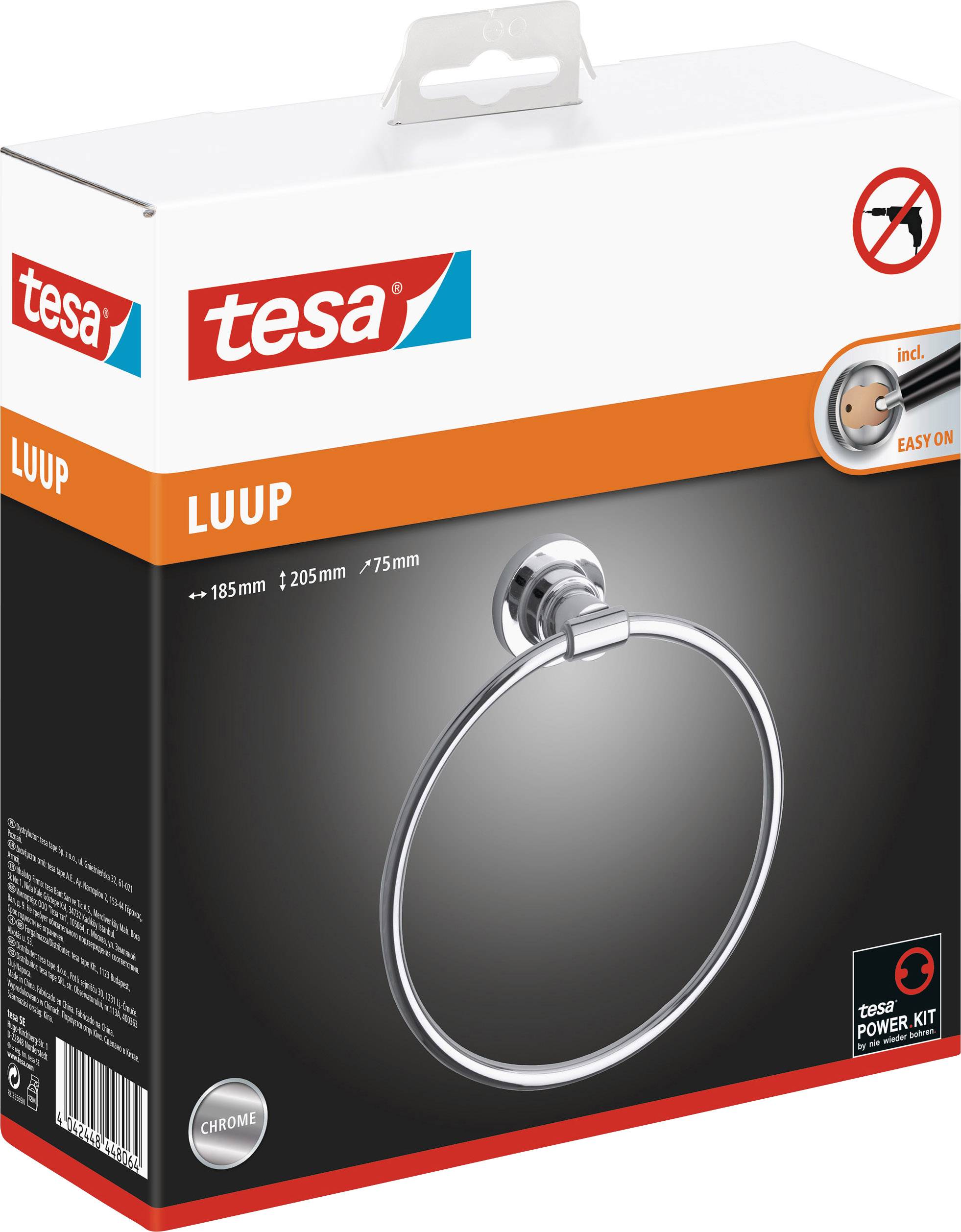 Un emballage de Tesa pour un anneau porte-serviettes chromé de la série LUUP, avec ensemble de fixation, sans perçage.
