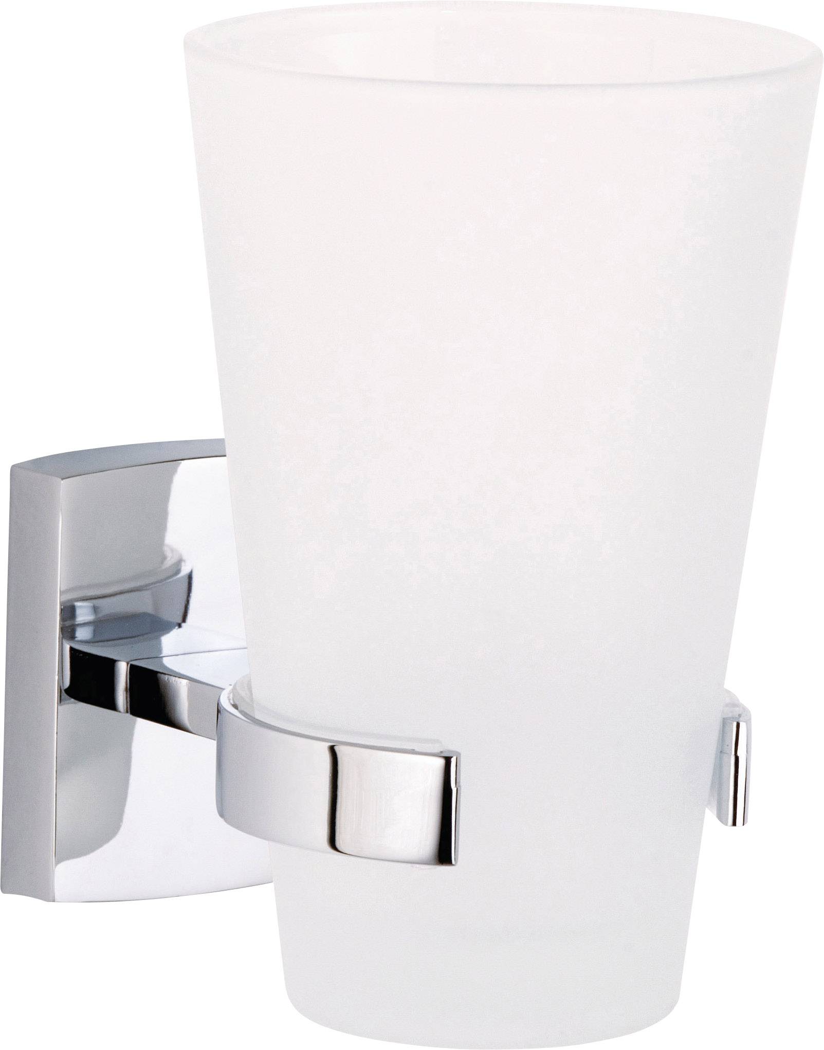 Un gobelet à brosse à dents en verre de lait blanc, monté sur un support mural chromé.