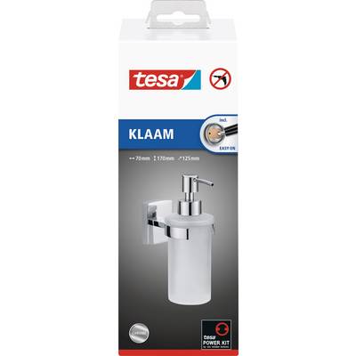 Emballage d'un distributeur de savon Tesa nommé 'Klaam' avec support mural, finition chromée, notice de montage 'Easy On', dimensions : 70x170x125 mm.