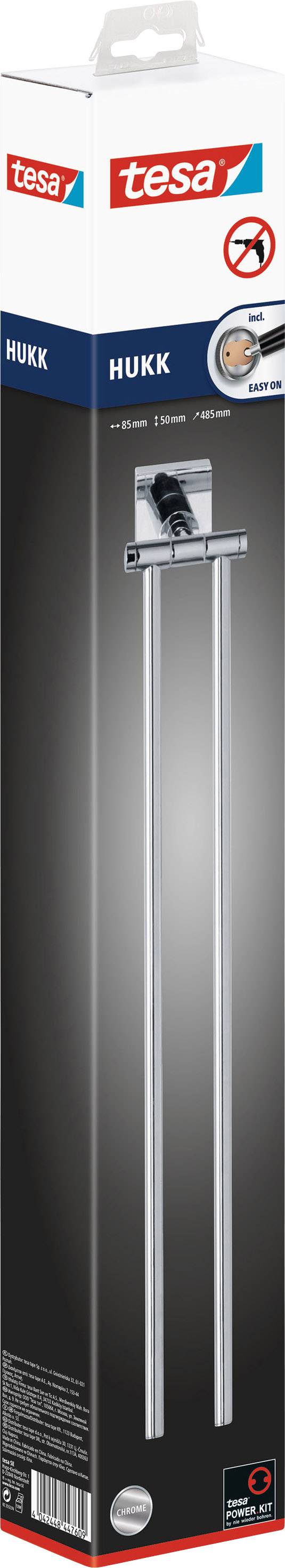 Emballage d'un support de serviette tesa HUKK. Présente l'image du produit d'un porte-serviettes double en métal. Adapté pour une fixation murale sans perçage.