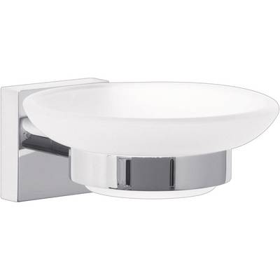 Porte-savon en verre blanc avec support chromé brillant. Adapté pour une fixation murale dans la salle de bain.