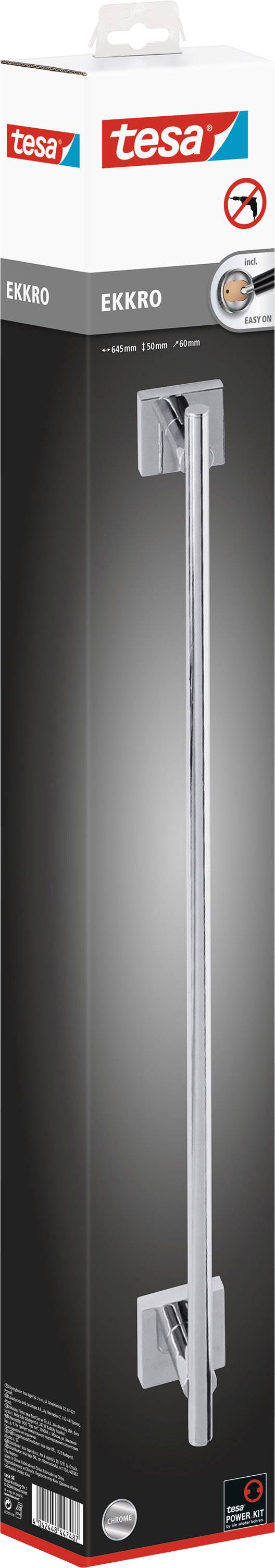 Emballage d'un porte-serviettes autocollant TESA, modèle 'Ekkro'. Présente une poignée en acier inoxydable sur un fond noir.