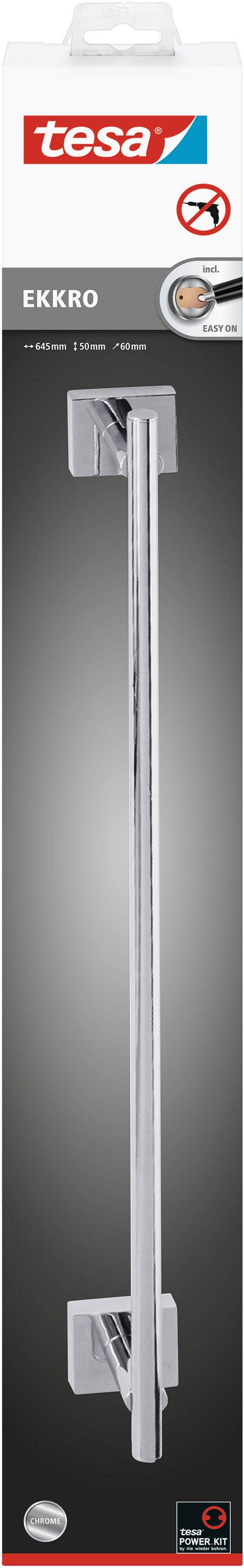 Emballage d'une barre de douche Tesa EKKRO. Barre de couleur argent avec deux supports rectangulaires. Caractéristique principale : montage sans perçage.