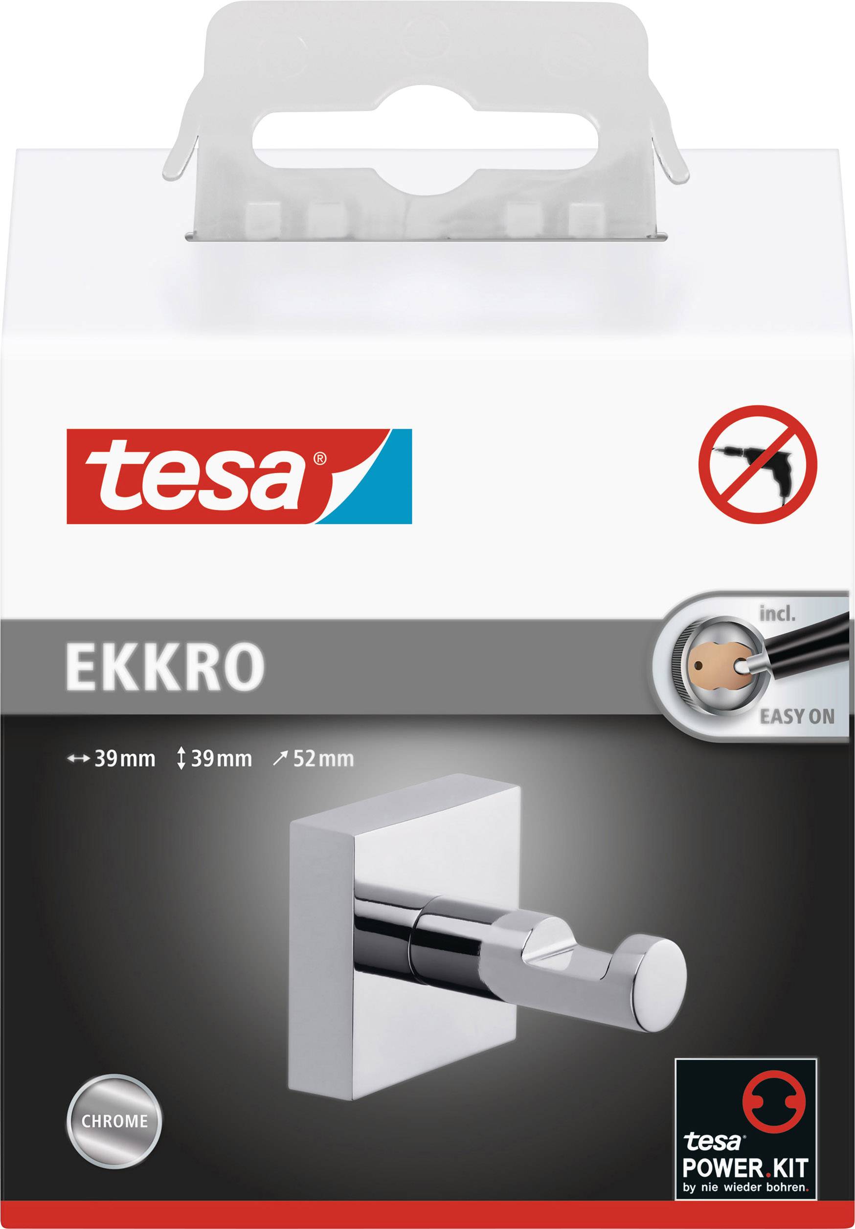 Emballage d'un crochet mural auto-adhésif tesa EKKRO en chrome, 39 mm x 39 mm x 52 mm, incluant un kit de fixation pour une installation facile.