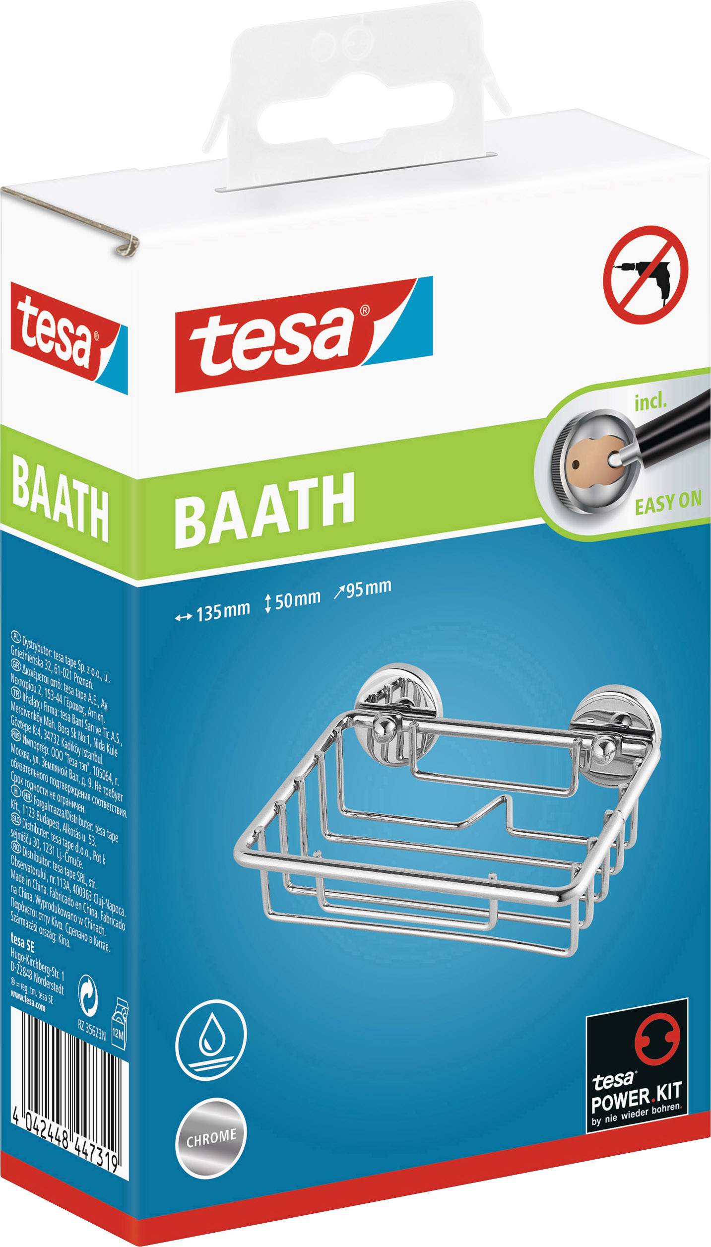 Emballage d'un panier de douche tesa BAATH avec kit de fixation et symbole déperlant, finition chromée, pose sans perçage nécessaire.