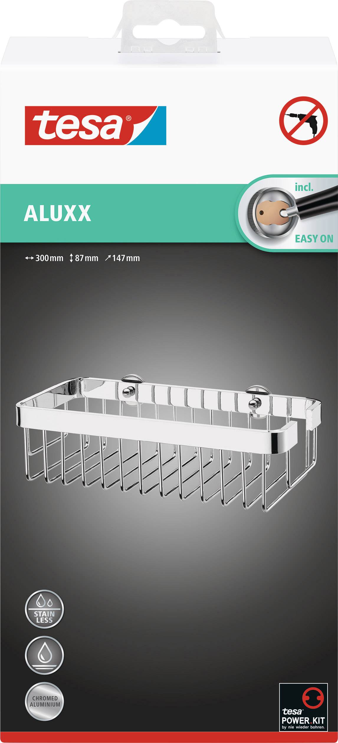 Emballage d'un panier de douche tesa Aluxx. Panier métallique argenté illustré. Montage sans perçage, système 'Easy On' inclus.