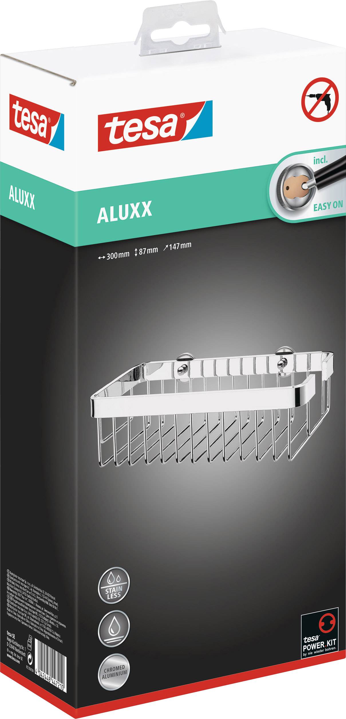 Emballage du produit pour la étagère de douche 'tesa ALUXX'. Contient une illustration du produit, dimensions 80x127x137mm, symboles de perçage et d'outils pour une installation facile.