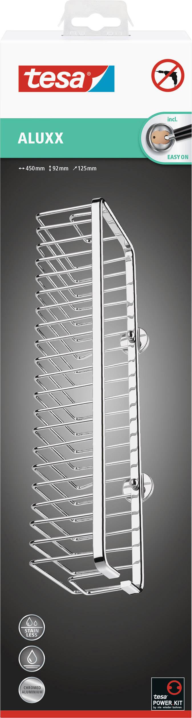 Emballage d'une étagère de douche Tesa ALUXX, mise en avant par sa fixation autocollante sans perçage, représentée en vue latérale.
