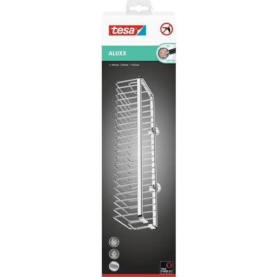 Emballage d'une étagère de douche Tesa ALUXX, mise en avant par sa fixation autocollante sans perçage, représentée en vue latérale.