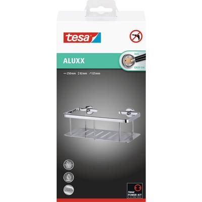 Emballage d'une étagère murale de la marque 'tesa ALUXX'. Contient une image de l'étagère, dimensions : 250 mm x 92 mm x 125 mm, et instructions de montage.