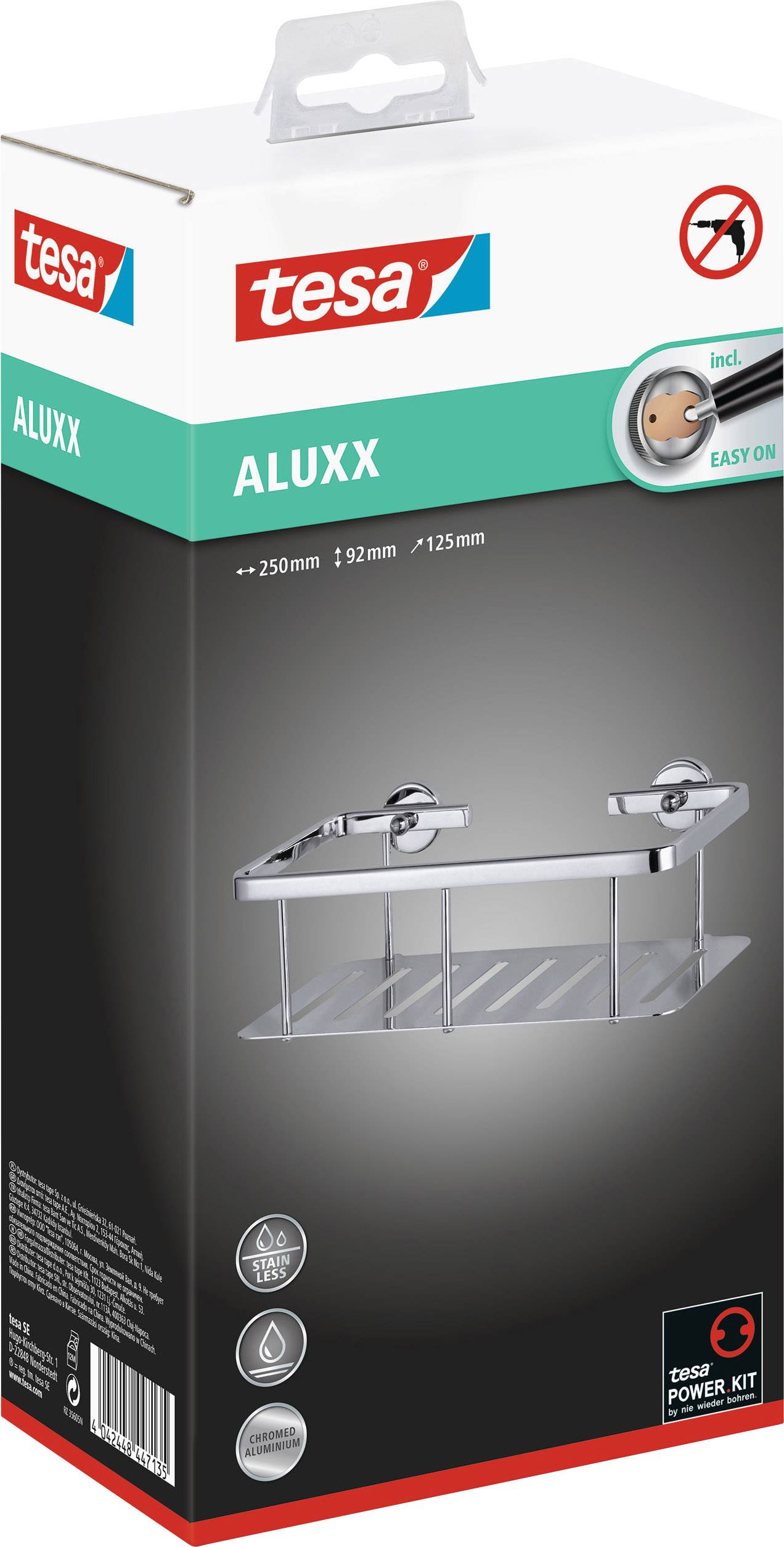 Une étagère de salle de bain emballée de Tesa, nom de produit 'ALUXX'. L'image montre l'étagère avec ses dimensions et le matériel de fixation.