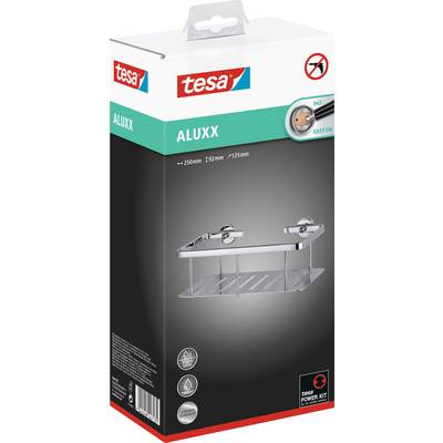 Une étagère de salle de bain emballée de Tesa, nom de produit 'ALUXX'. L'image montre l'étagère avec ses dimensions et le matériel de fixation.