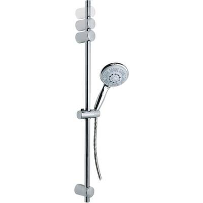 Ensemble de douche avec pommeau de douche réglable, monté sur une barre verticale. Design argenté avec plusieurs options de jet.