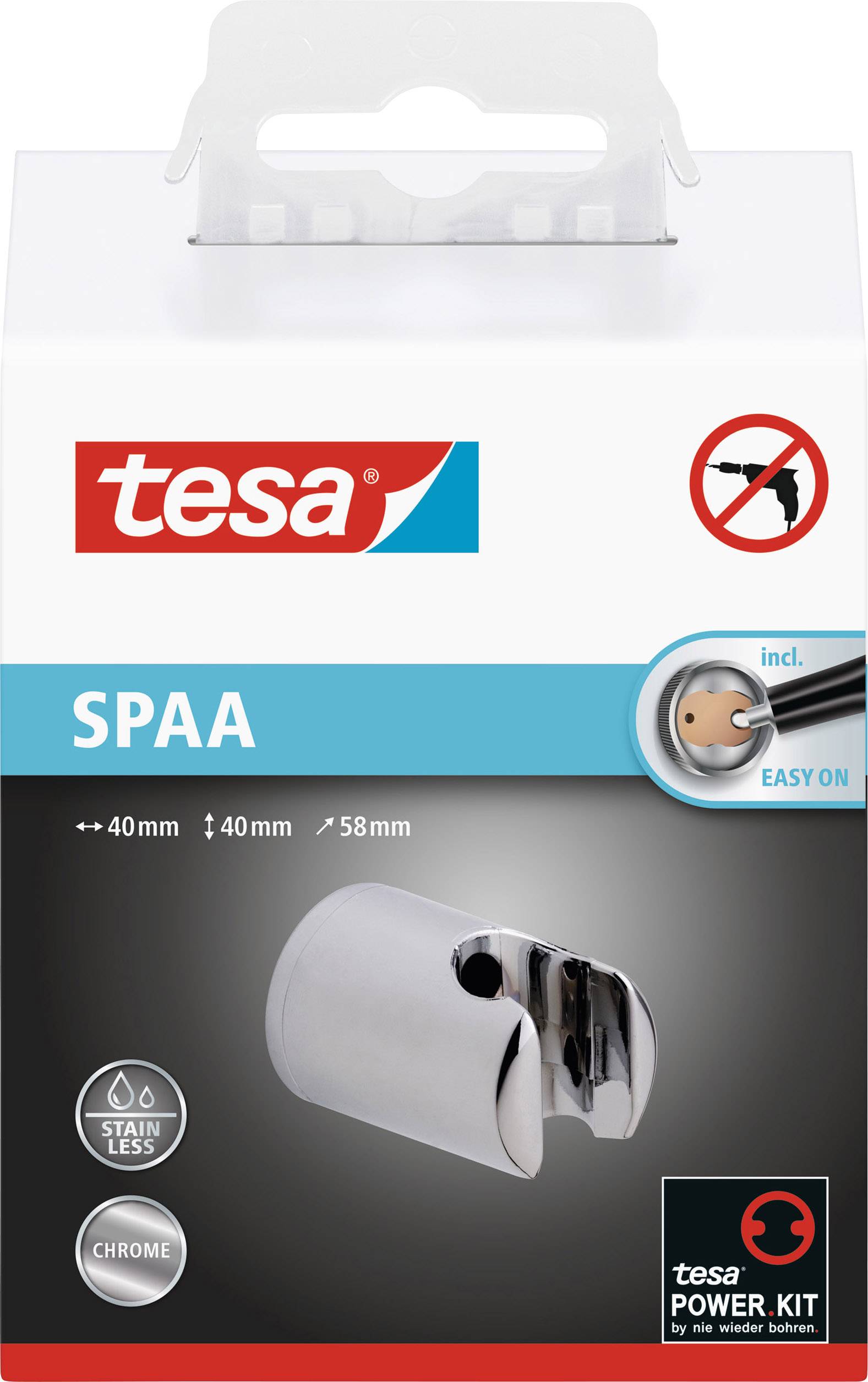 Un emballage de tesa SPAA avec un crochet chromé, indiquant une installation facile et un matériau inoxydable.