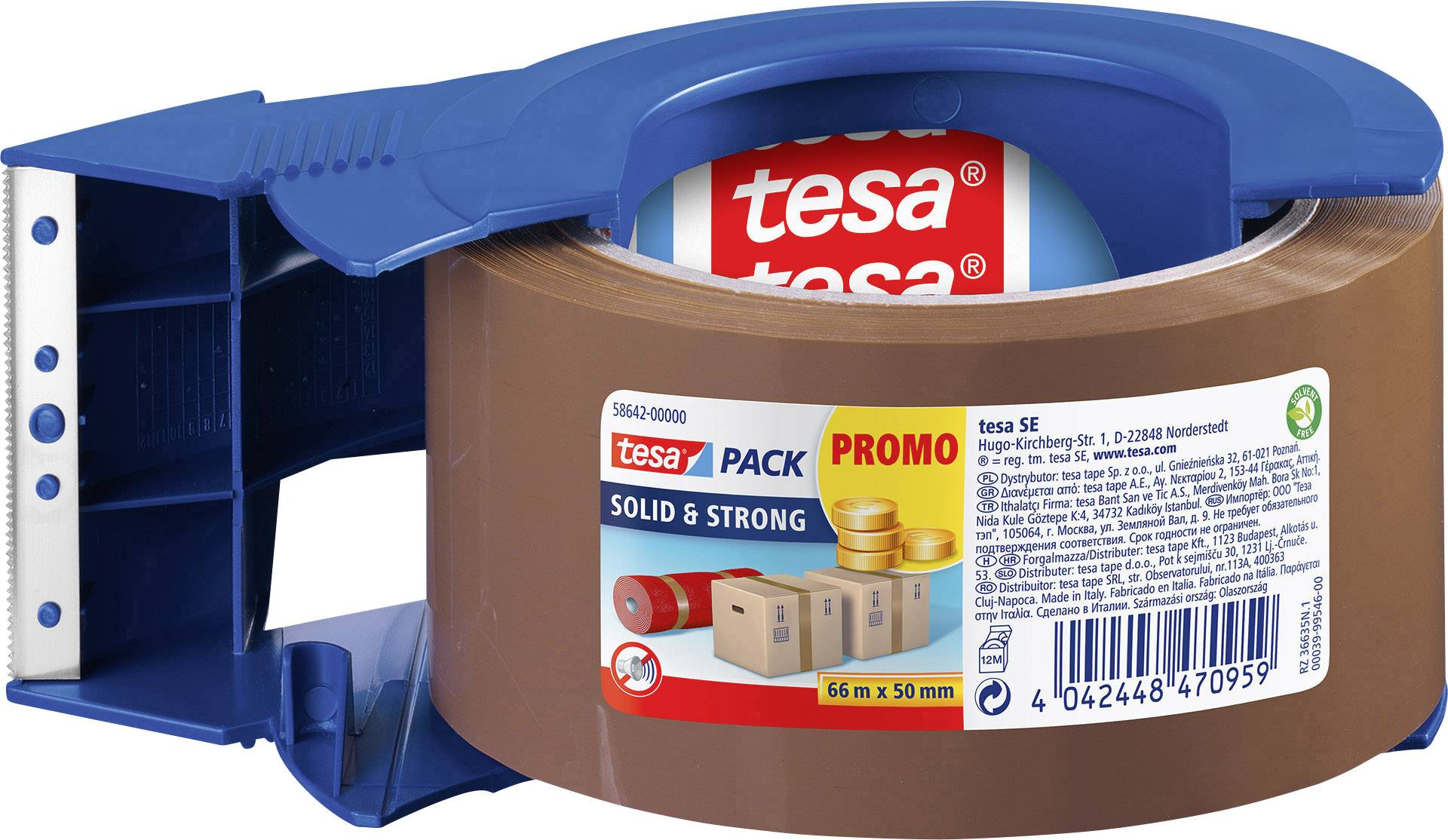 Ruban adhésif d'emballage marron avec support dérouleur bleu. L'étiquette indique la marque 'tesa', la longueur '66 m x 50 mm' et le mot 'Promo'.