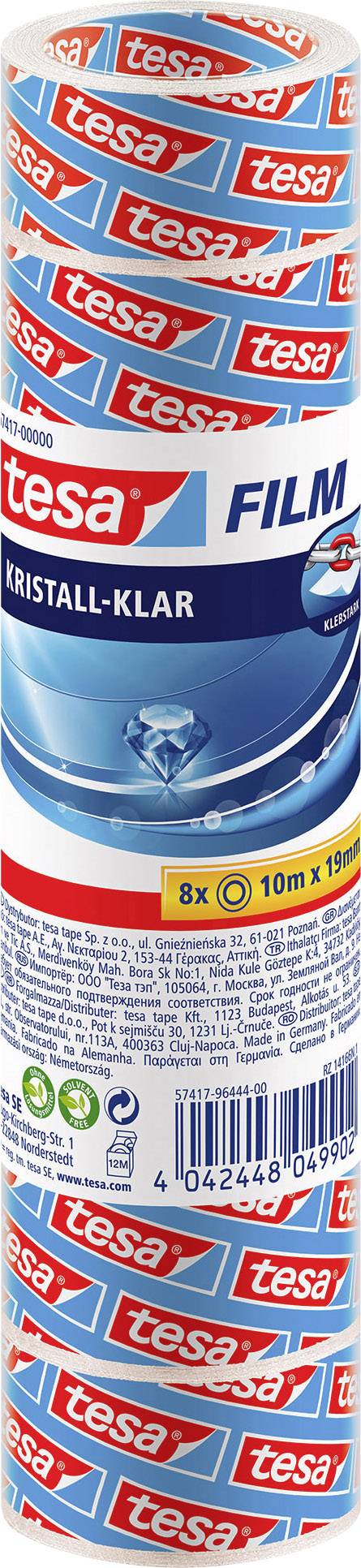 Emballage d'un rouleau de ruban adhésif transparent 'tesa'. Contient 8 rouleaux, chacun de 10 mètres de long, 19 mm de large.