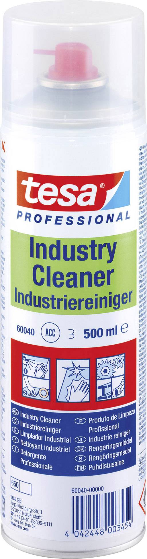 Bombe aérosol 'tesa Professional Industry Cleaner', 500 ml, avec tête de pulvérisation rouge, adaptée aux applications de nettoyage industriel.