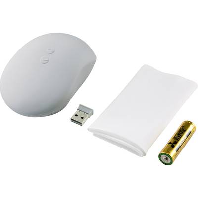 Souris blanche sans fil avec récepteur USB et batterie. Un chiffon de nettoyage blanc est posé à côté à droite.