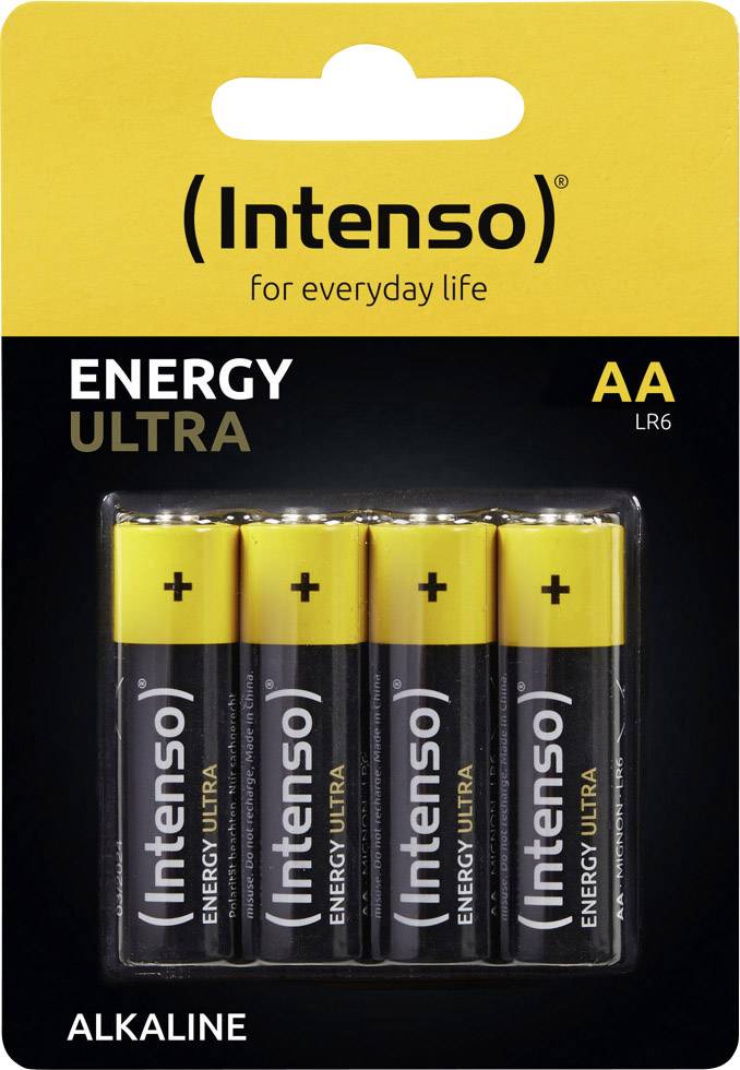 Pack de 4 piles alcalines AA 'Intenso Energy Ultra'. Piles noires avec borne positive jaune. Emballage : Jaune et noir.